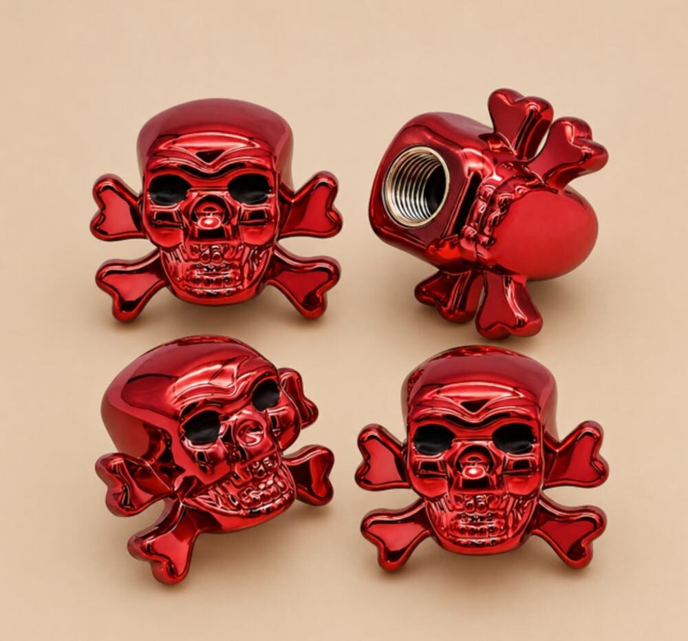 Set of 4 Shiny Red ABS Plastic Skull Shaped Tire Valve Caps